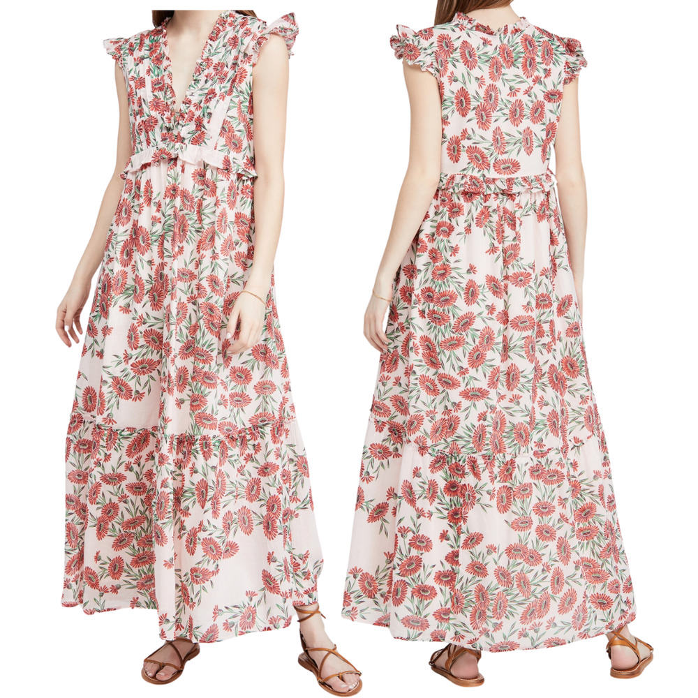 Banjanan Constance Red Pink Floral Maxi Dress VNeck Flutter Sleeves Ruffle Sz L